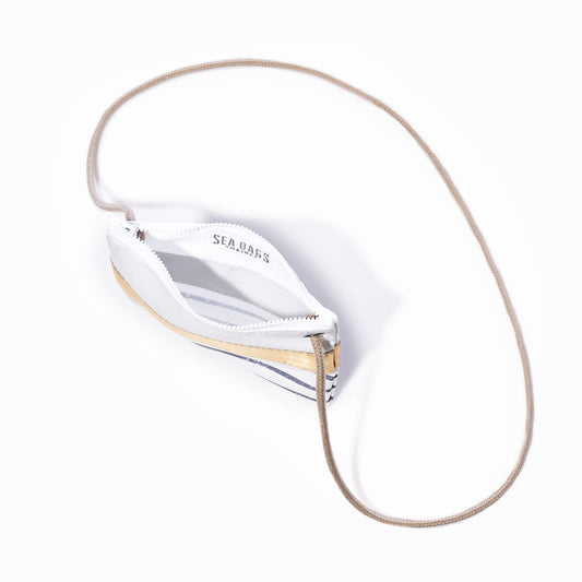 Grey Mariner Stripe Slim Crossbody Bag by Sea Bags, featuring a slim silhouette with grey mariner stripes, tan strap, and crafted from recycled sail cloth; photographed from above on a white background. by Sea Bags