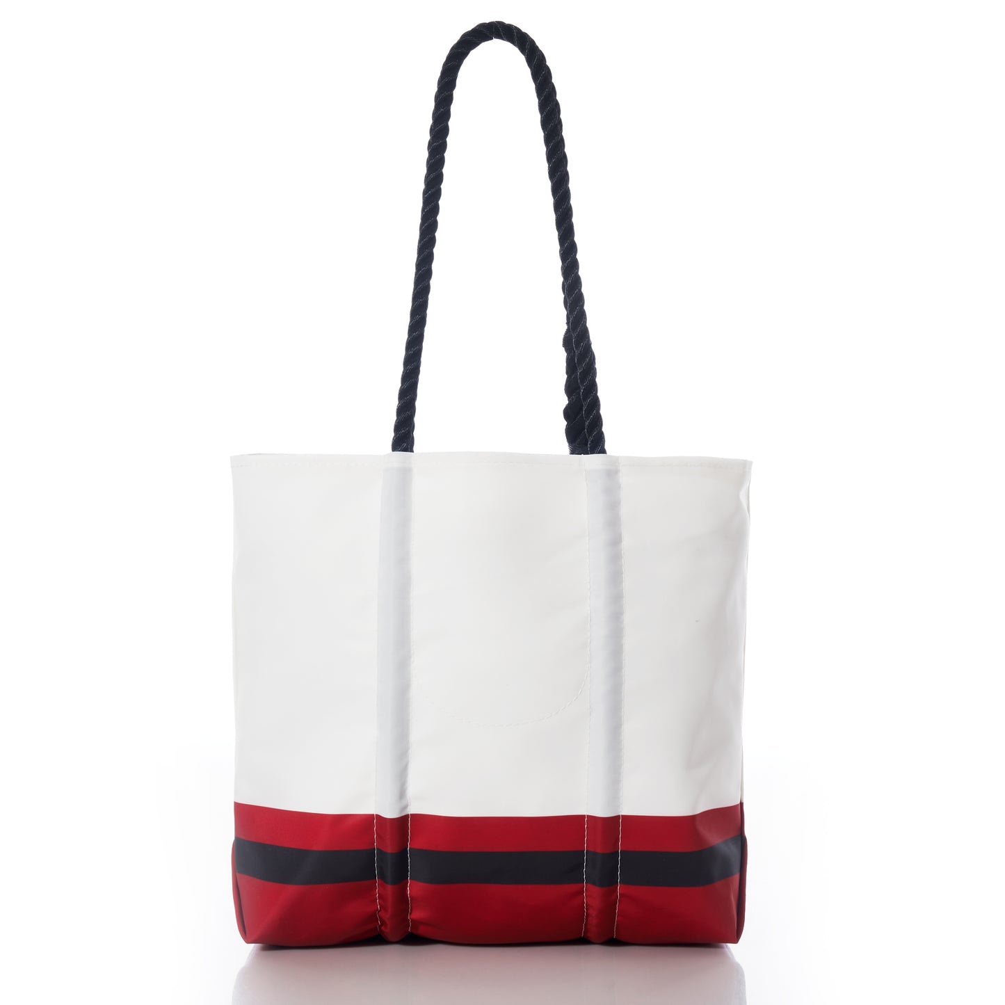 The Sea Bags Tampa Bay Buccaneers Medium Tote is displayed on a white background, featuring two black rope handles and bold red and black horizontal stripes near the base. Crafted from recycled sail cloth, this sustainable team bag is perfect for any Tampa Bay NFL fan. by Sea Bags