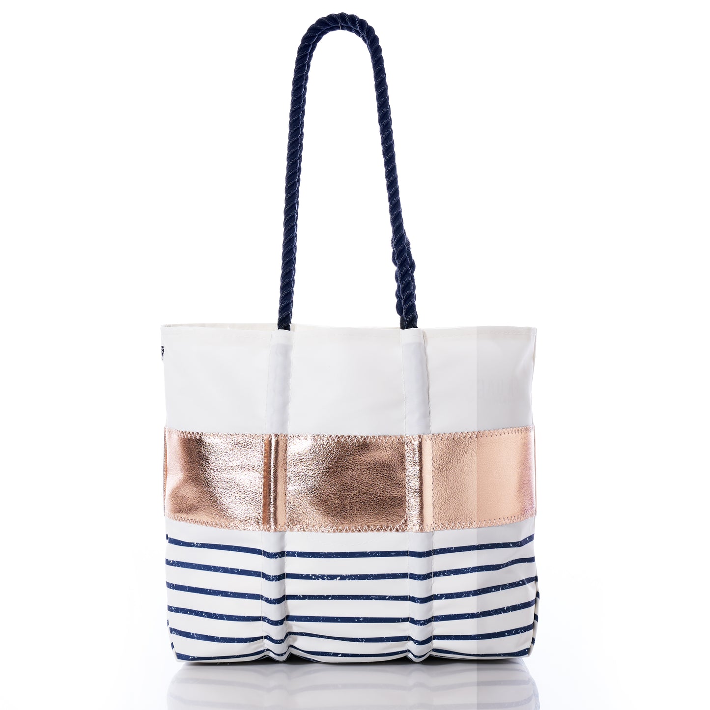 The Sea Bags Custom Monogram Rose Gold-on-Navy Mariner Stripe Medium Tote features navy rope handles, a metallic rose gold accent strip, and navy blue horizontal stripes on the lower half. Crafted from recycled sail cloth, this bag combines style and sustainability. by Sea Bags