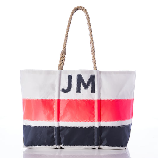 The Sea Bags Custom Monogram Horizontal Stripe Large Tote features bold white, coral, and navy stripes, sturdy rope handles, and a personalized monogram with the initials JM printed on the upper section. by Sea Bags
