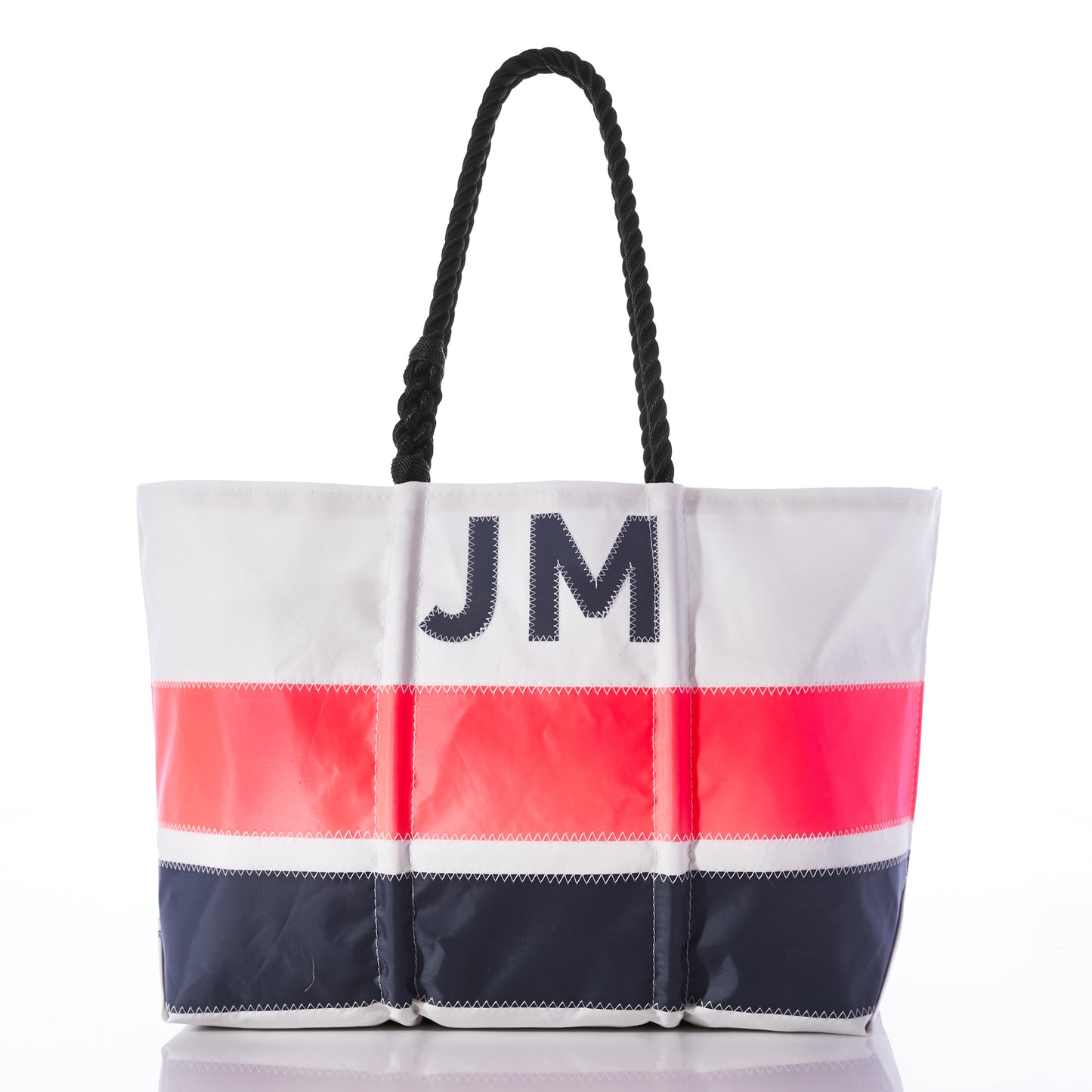 The Sea Bags Custom Monogram Horizontal Stripe Large Tote features black rope handles, a white top, bold red and navy stripes, and is personalized with the initials JM monogrammed on the front. by Sea Bags