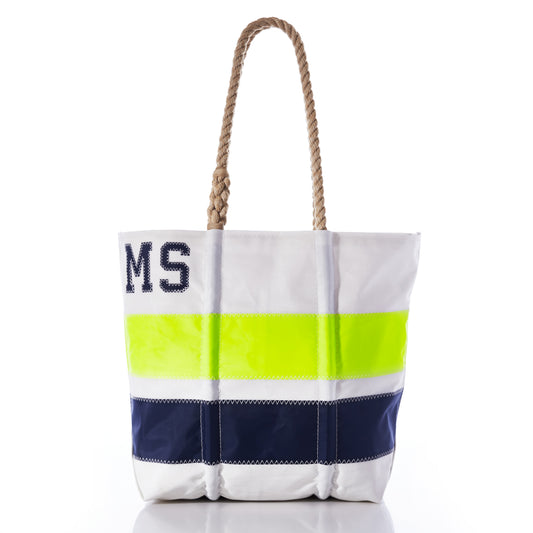 Sea Bags Custom Monogram Horizontal Stripe Medium Tote—featuring rope handles, a personalized design with horizontal navy and neon yellow stripes, and the “MS” monogram stitched in navy blue on the upper left side. by Sea Bags