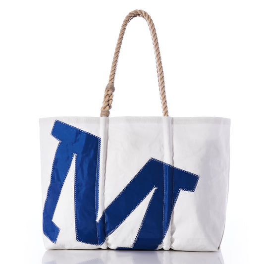 Sea Bags Custom Single Letter Large Tote, featuring a bold blue stitched M on sailcloth with sturdy rope handles, shown against a white background. by Sea Bags
