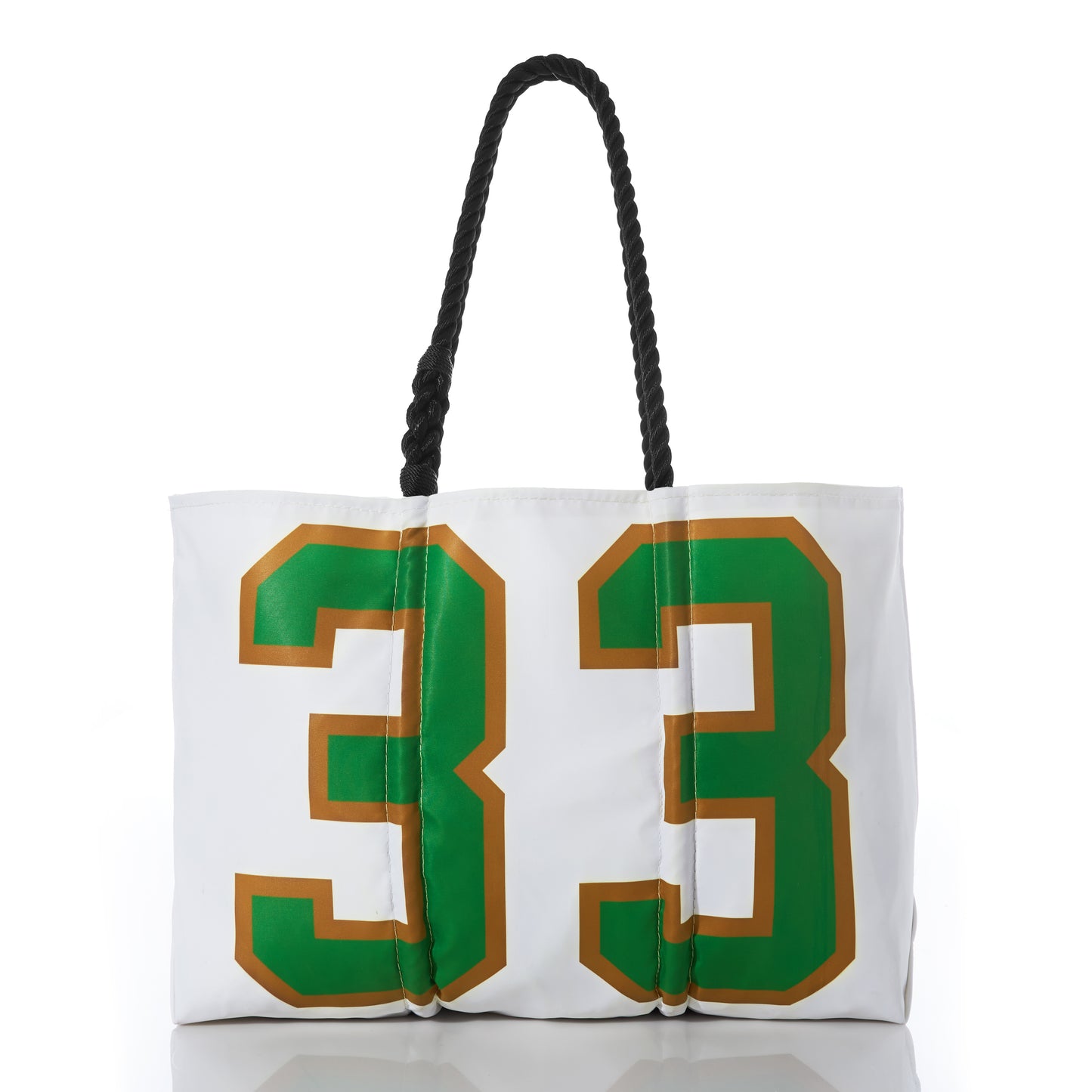 The Sea Bags Custom Superfan Large Tote, crafted from recycled sails, features a bold green and gold number 33 on the front and is finished with two black rope handles. It is displayed against a plain white background. by Sea Bags