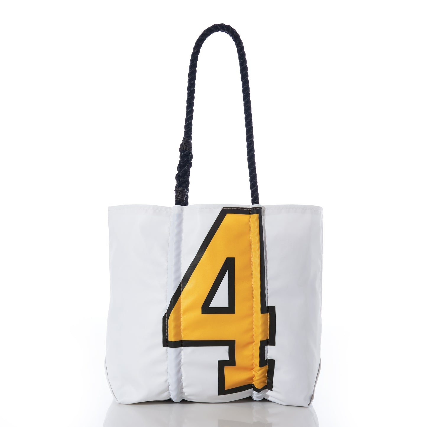 Introducing the Sea Bags Custom Superfan Medium Tote: a white tote bag crafted from recycled sails, featuring a bold yellow and black number 4 on the front. Designed with sturdy black rope handles, this unique bag is perfect for carrying your essentials in style—all showcased against a crisp white background. by Sea Bags