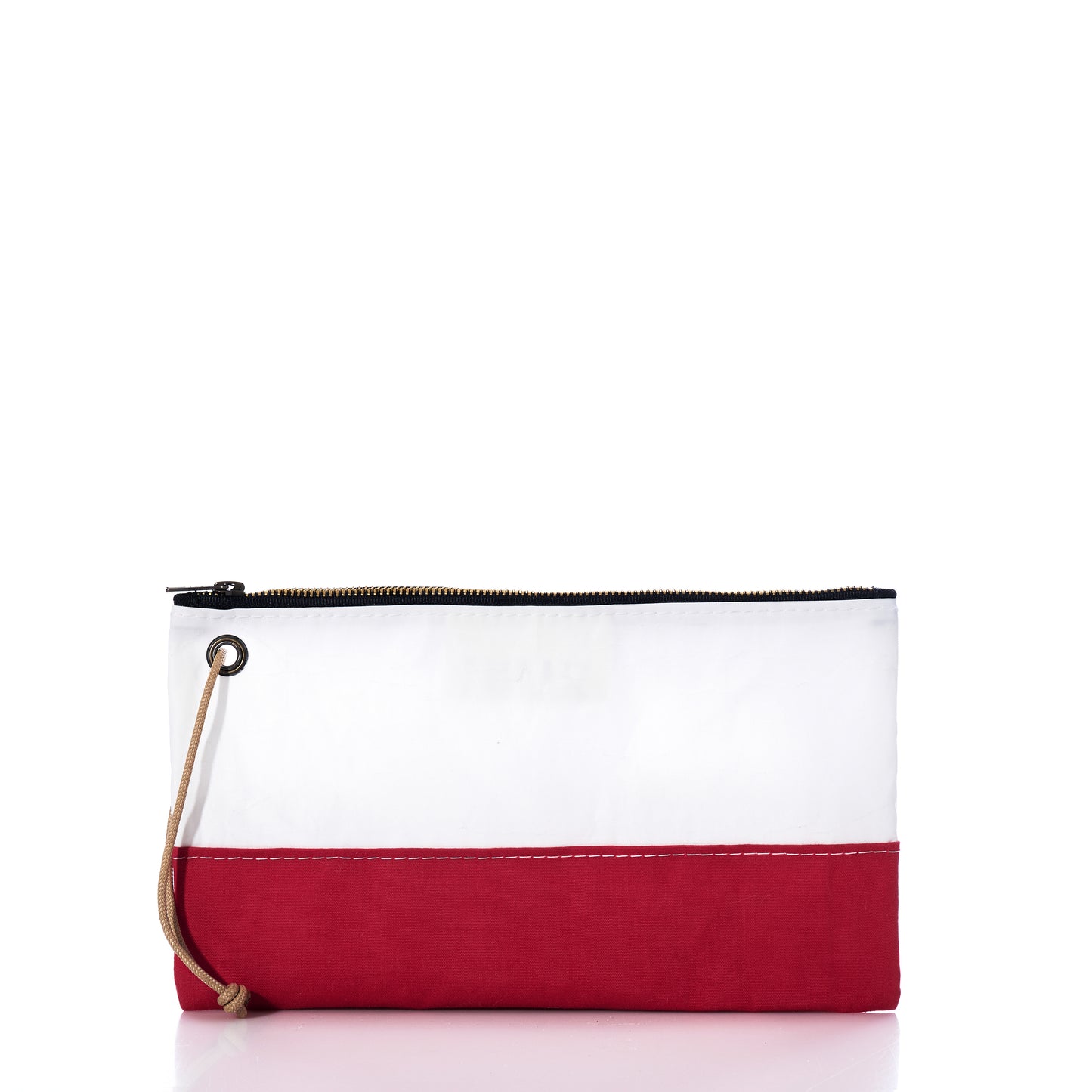 The Sea Bags Red Chebeague Large Wristlet features a rectangular design with a white upper section crafted from reclaimed sailcloth, a bold red bottom panel, a tan wrist strap, and is finished with a black zipper. Made from upcycled materials, it is shown against a white background. by Sea Bags