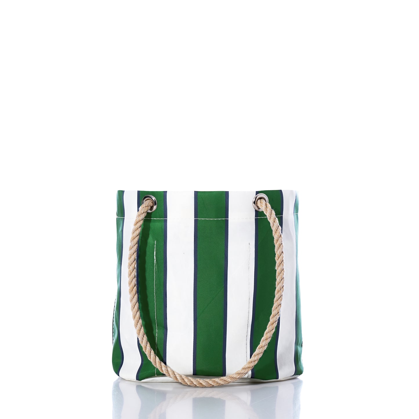 Sea Bags Preppy Stripe Essential Handbag, featuring green and white vertical stripes and thick rope handles, is crafted from recycled sailcloth for a timeless collegiate style; shown here on a white background with its reflection below. by Sea Bags