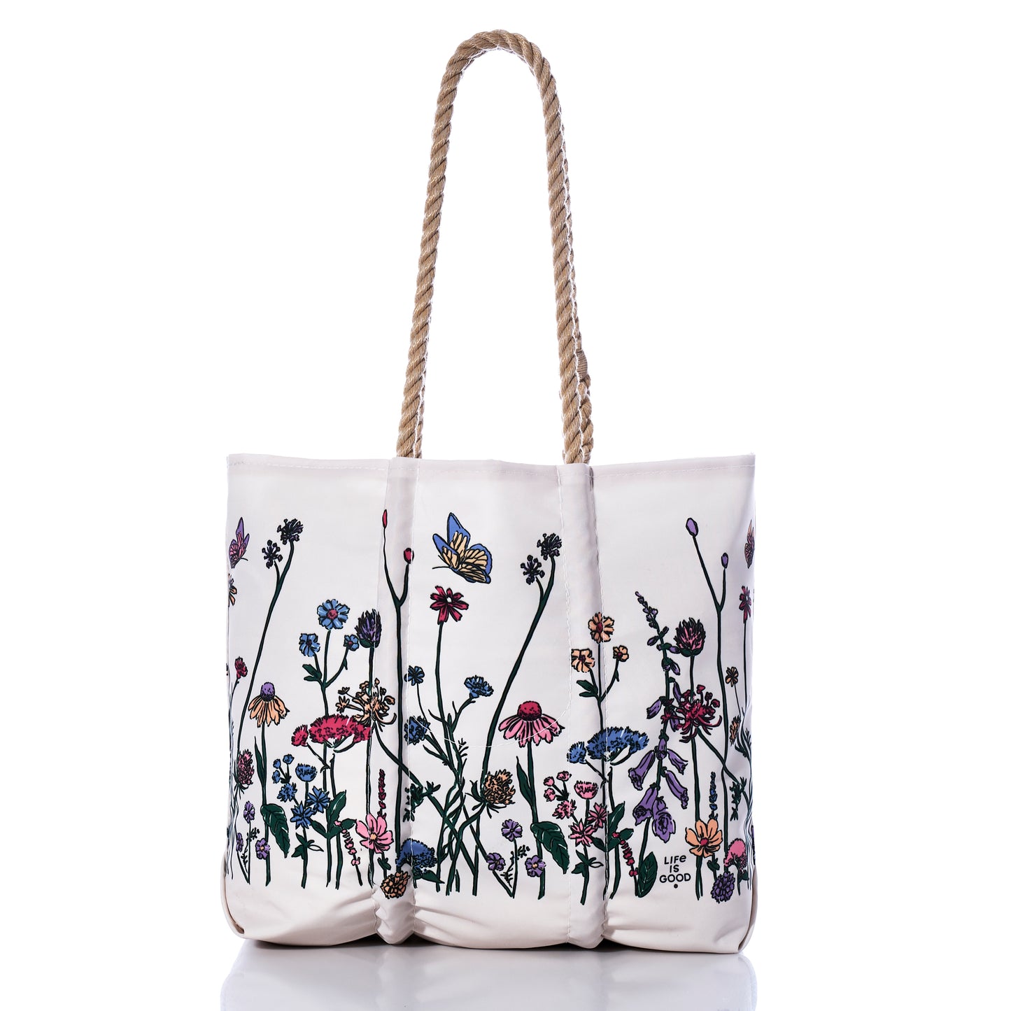 Sea Bags Life is Good Wildflowers Medium Tote is a handcrafted white tote bag made in Maine from recycled sail materials, featuring sturdy rope handles and a vibrant embroidered floral and butterfly design on the front. This charming tote is displayed on a white background. by Sea Bags
