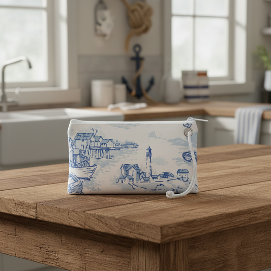 The Maine Fishing Village Wristlet by Sea Bags, crafted from recycled sail cloth and featuring a blue nautical scene print, sits on a wooden kitchen island with a sink and window in the background. by Sea Bags