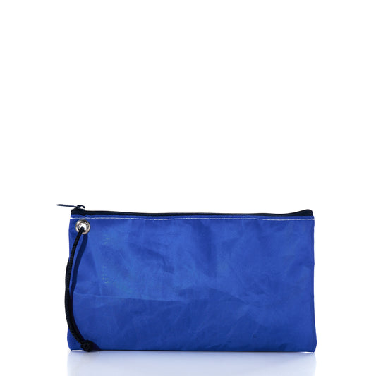 Introducing the Race Day Large Wristlet by Sea Bags—a rectangular blue zippered pouch made from recycled sail bags, featuring a black wrist strap. Displayed upright on a white background, this nautical accessory showcases the distinctive style of the Sea Bags brand. by Sea Bags