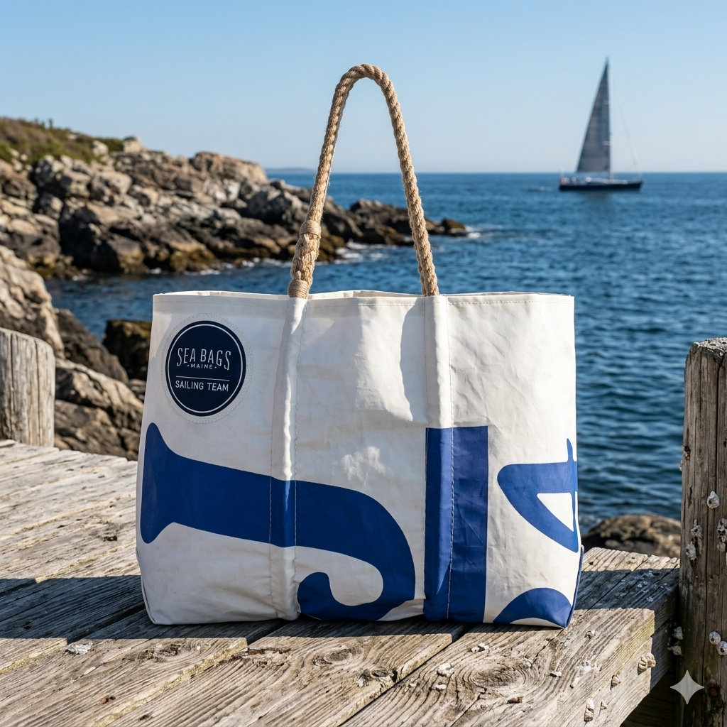 A white and blue Race Day Vintage J24 Large Tote from Sea Bags, featuring rope handles made from recycled sails, sits on a wooden dock by the ocean with a rocky shoreline and another Sea Bags Sailing Team tote in the background under a clear blue sky. by Sea Bags