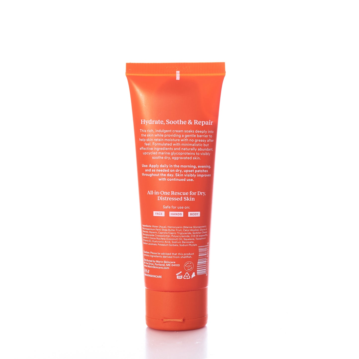 An upright orange tube labeled Marin Skincare Soothing Hydration Cream, featuring usage instructions and highlighting benefits like soothing, repairing, and supporting the skin barrier for dry or distressed skin, set against a white background.