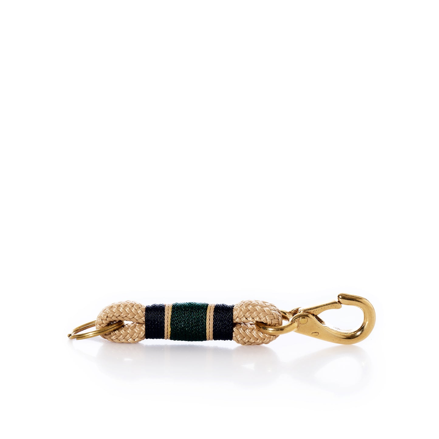 Fisherman’s Rope Keychain-Maine Bicentennial by Custom Cordage / DBA Maine Rope Mats, featuring a gold-tone clasp and braided rope with green, black, and white accents in a classic yacht braid style, hand made in Maine and displayed on a white background.