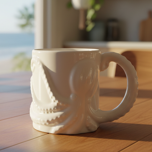 A White Octopus Mug by Batela USA Inc rests on a wooden table in a sunlit room overlooking the beach. by Sea Bags