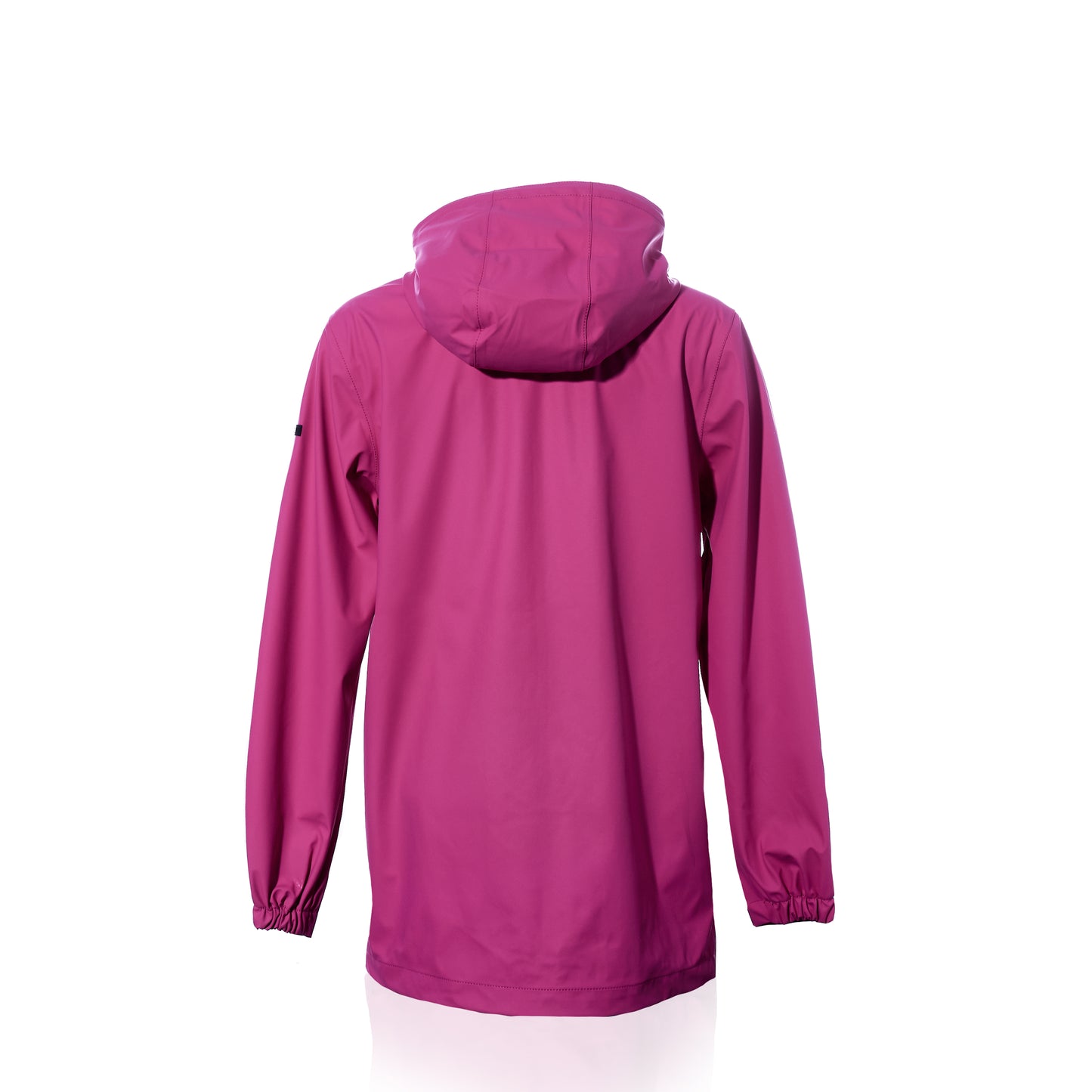 The Batela USA Inc Harborside Waterproof Raincoat in fuchsia is shown from the back against a white background, featuring long sleeves with elastic cuffs—a stylish and functional waterproof shell, perfect for coastal adventures. by Sea Bags