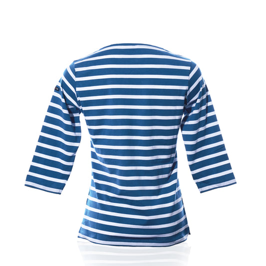 The 3/4 Sleeve Boatneck Top in High Tide/White by Batela USA Inc is shown from the back, featuring classic blue and white horizontal mariner stripes and a small patch on the upper left sleeve. Set against a white background, this nautical-inspired piece offers a timeless look. by Sea Bags