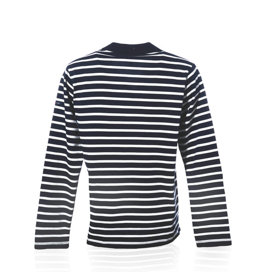 A Batela USA Inc Long Sleeve Polo Shirt - Navy/White for women, featuring a relaxed fit and horizontal nautical navy and white stripes, shown from the back against a white background. by Sea Bags