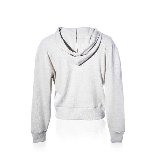 The Soft As A Grape Ribbed Hoodie Pullover - Oatmeal Anchor is shown from the back against a white background. This hoodie features long sleeves, a ribbed texture, and a relaxed fit for effortless coastal style. by Sea Bags
