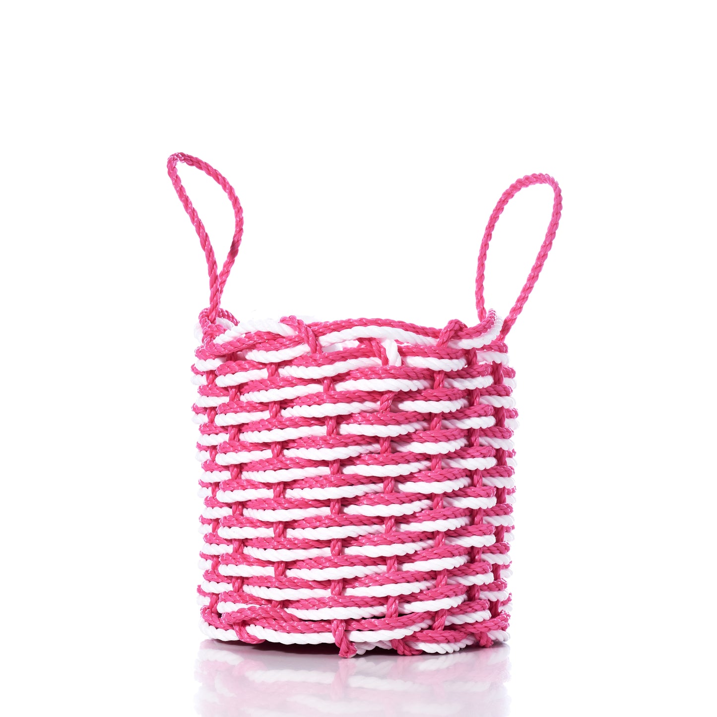 The Fisherman Rope Basket - Pink White by Advanced Industrial Solutions Inc features two looped handles and is handwoven in Maine from eco-friendly materials, shown here on a white background. by Sea Bags