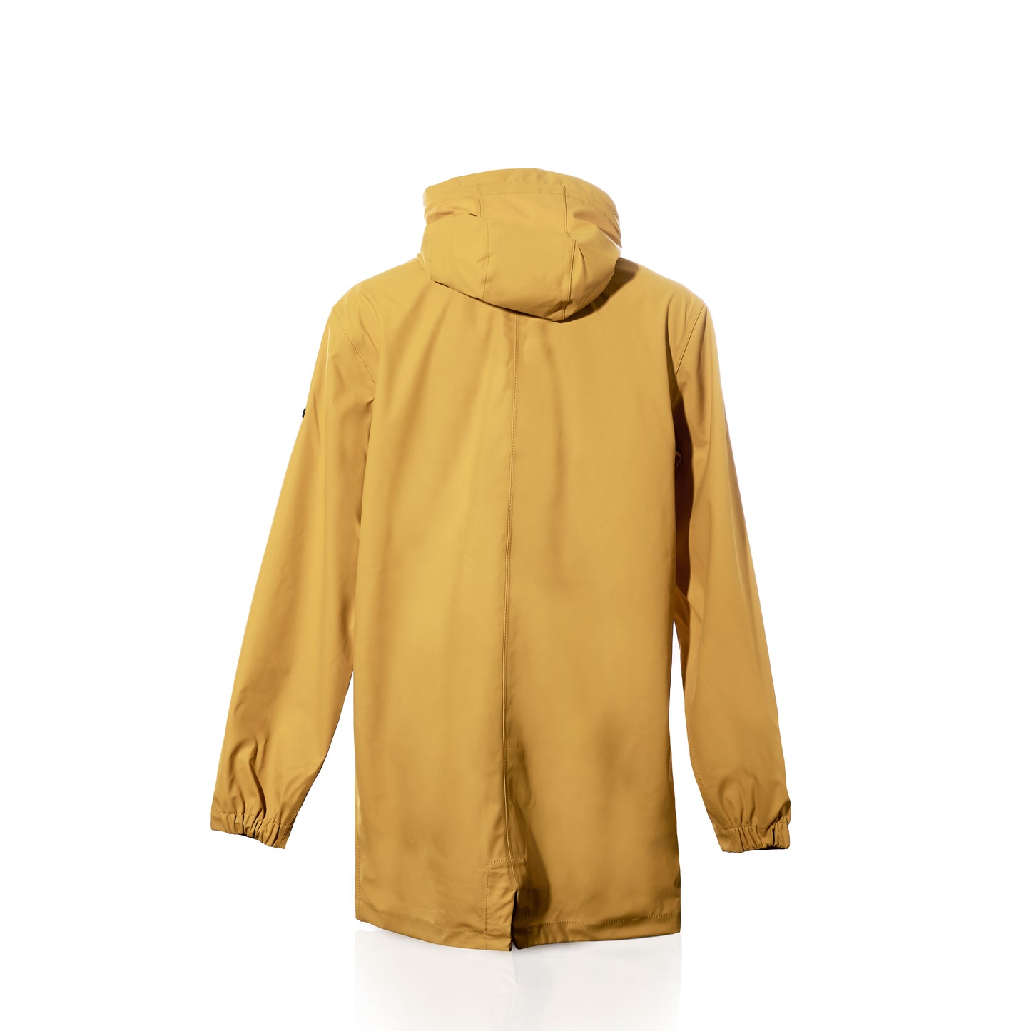 The Harborside Waterproof Raincoat - Yellow by Batela USA Inc is displayed from the back, highlighting its long sleeves with elastic cuffs and a durable waterproof shell, set against a white background. by Sea Bags
