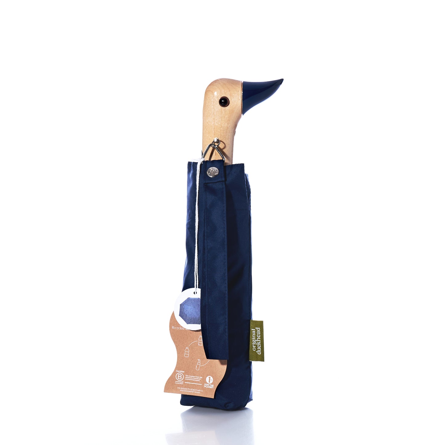 The Original Duck Head Umbrella - Navy by ODH Limited t/a Original Duckhead, featuring a wooden duck head handle, stands upright against a white background. by Sea Bags
