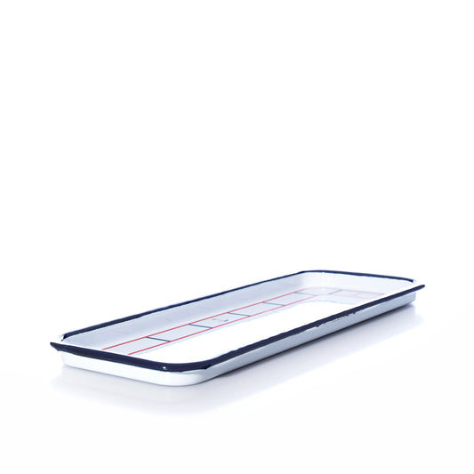The Enamel Anchor Serving Tray by Batela USA Inc, featuring a rectangular design in white enamel with a dark blue rim and red grid lines, is photographed on a white background and adds subtle coastal charm to your table setting.