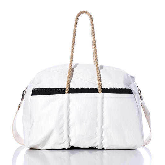 The Vintage Black 5 Weekender by Sea Bags features sturdy rope handles, a vintage black zipper accent, and a detachable shoulder strap. Displayed against a plain white background, this stylish bag is the perfect companion for your next getaway. by Sea Bags