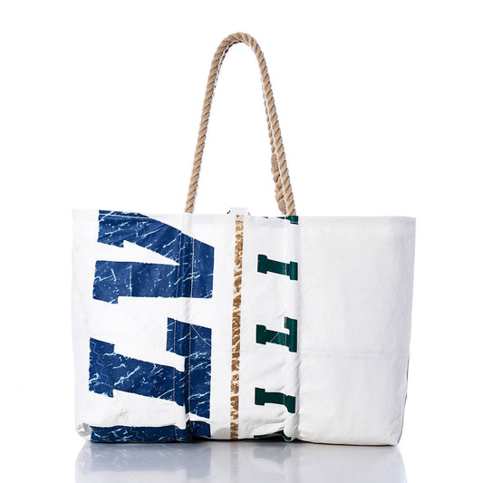 Sea Bags Vintage Sailing Large Tote—featuring blue and green lettering, original sail insignia, hand-spliced rope handles, and visible creases—displayed on a plain white background. by Sea Bags