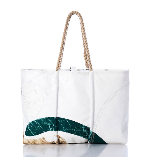Sea Bags Vintage Seahawk Large Tote—a white sailcloth tote bag with rope handles, decorated with green and brown abstract patterns and visible stitching, is displayed on a white background for a stylish nod to handmade Maine craftsmanship. by Sea Bags