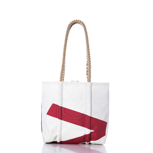 The Sea Bags Vintage Red 2 Handbag, featuring a red diagonal stripe design and two thick, twisted hemp rope handles reminiscent of vintage styles, is displayed on a white background. by Sea Bags