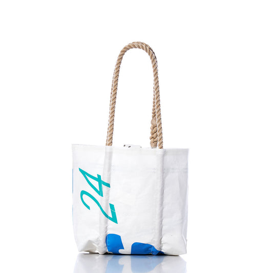 The Sea Bags Vintage GES24 Handbag is a white tote with sturdy hemp rope handles, showcasing a blue and teal number 24 sail insignia on one side, displayed against a plain white background. by Sea Bags