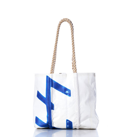 Sea Bags Vintage 470 Handbag featuring sturdy hemp rope handles and a striking blue letter design inspired by sail insignias, shown against a white background. by Sea Bags