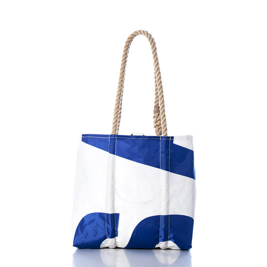 Sea Bags Vintage USA Handbag tote bag in white and blue, featuring hemp rope handles and subtle sail insignias, displayed upright against a plain white background. by Sea Bags