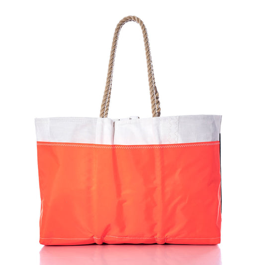 Vintage Black 01 Ogunquit Beach Tote by Sea Bags, crafted from recycled sail cloth, features a black bottom, white top, and sturdy rope handles, displayed on a white background. by Sea Bags