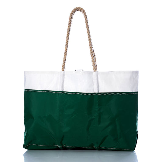 Vintage O-Day Ogunquit Beach Tote by Sea Bags in green and white, featuring a thick twisted rope handle and crafted from recycled sail cloth, shown against a white background. by Sea Bags