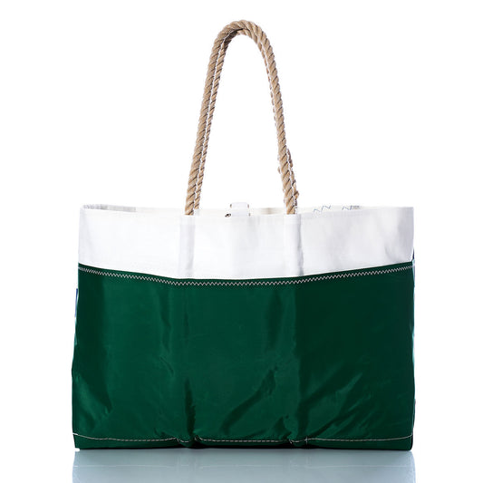 The Sea Bags Vintage Ideal 18 Ogunquit Beach Tote is a large recycled sail cloth bag featuring a white top, dark green bottom, white stitching, and two thick rope handles, shown against a white background. by Sea Bags