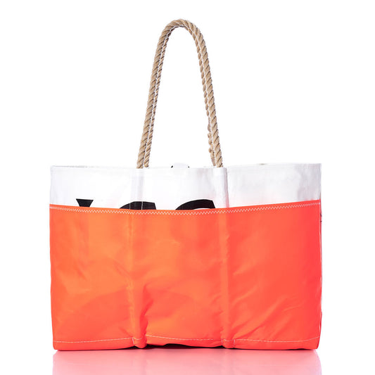 Introducing the Vintage Beneteau Ogunquit Beach Tote by Sea Bags—a large orange and white tote crafted from recycled sail cloth, featuring sturdy rope handles and a design that stands upright on a white background, making it the perfect vintage beach accessory. by Sea Bags
