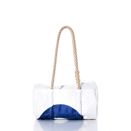 The Vintage Blue 0 Baguette Bag by Sea Bags features a white and blue rectangular design with sturdy hemp rope handles, shown against a plain white background. by Sea Bags