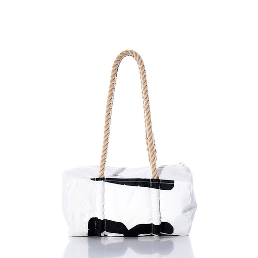The Sea Bags Vintage BR Baguette Bag is a small, white and black vintage-style baguette bag featuring sturdy hemp rope handles and subtle sail insignias, beautifully displayed on a white background. by Sea Bags