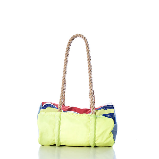 The Sea Bags Vintage Neon Multicolor Baguette Bag is displayed on a white background, showcasing vibrant yellow, red, blue, and green fabric panels and accented with sturdy rope handles. by Sea Bags