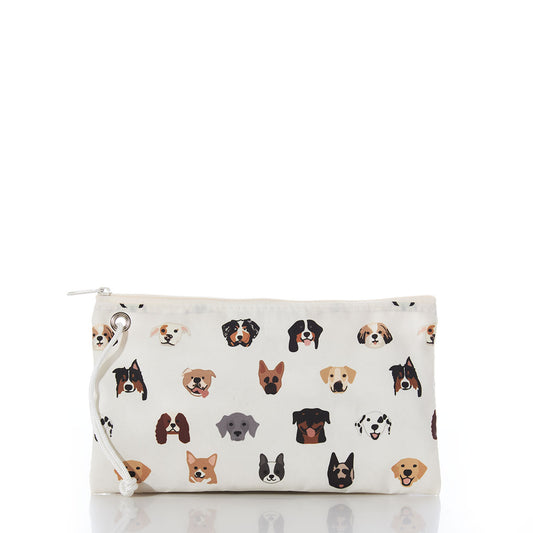 The Sea Bags Popular Pups Print Large Wristlet is a washable, white pouch featuring colorful illustrations of various dog breeds—perfect for pet lovers looking to carry their essentials in style. by Sea Bags
