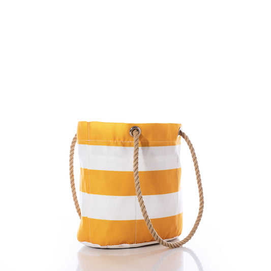The Sea Bags Yellow Stripe Essential Handbag features yellow and white stripes with rope handles, crafted from recycled sail cloth. Shown standing upright on a white surface against a plain white background, this practical and lightweight handbag is perfect for everyday use. by Sea Bags