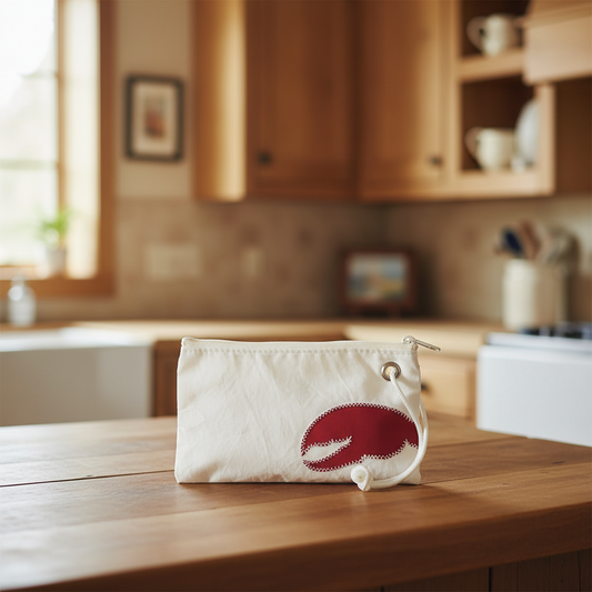 A Sea Bags Red Lobster Claw Wristlet rests on a wooden kitchen counter, its white material and bold red lobster claw patch evoking the look of a classic Maine clutch, with wooden cabinets and kitchenware in the background. by Sea Bags