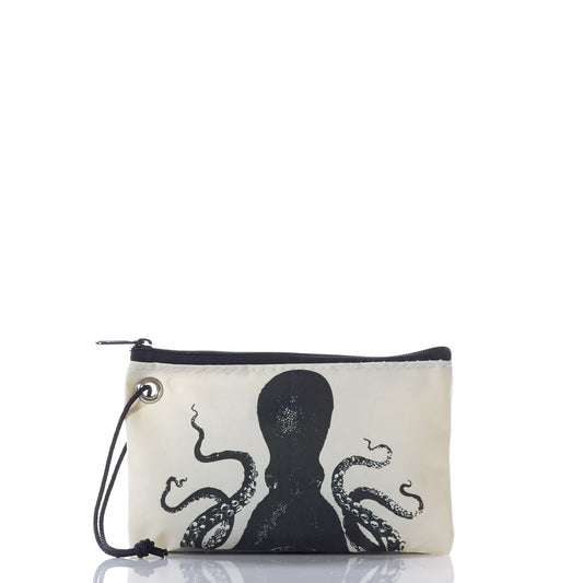 Introducing the Octopus Wristlet by Sea Bags: this small white pouch features a striking black octopus silhouette design and a convenient black wrist strap on one side. Expertly crafted from recycled sails, this eco-friendly accessory is perfect for sea life lovers seeking both style and sustainability. by Sea Bags