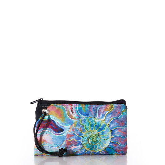 Sea Bags Multicolor Nautilus Wristlet is a small zippered pouch with a wrist strap, featuring a vibrant watercolor nautilus shell design on the front—crafted from recycled sails for eco-friendly style. by Sea Bags