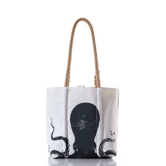 Sea Bags Octopus Handbag: A striking white tote bag featuring sturdy rope handles and a bold black octopus graphic, crafted from recycled sail cloth and photographed on a clean white background—this distinctive accessory is inspired by the spirit of exploration, echoing the adventurous journeys of Charles Darwin. by Sea Bags