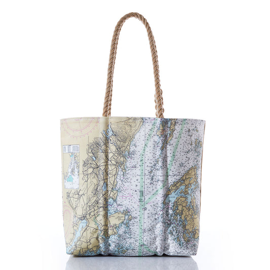The Sea Bags Penobscot Bay Nautical Chart Medium Tote is crafted from recycled sail cloth, features sturdy rope handles, and showcases a detailed map of Penobscot Bay on its exterior, displayed against a white background. by Sea Bags