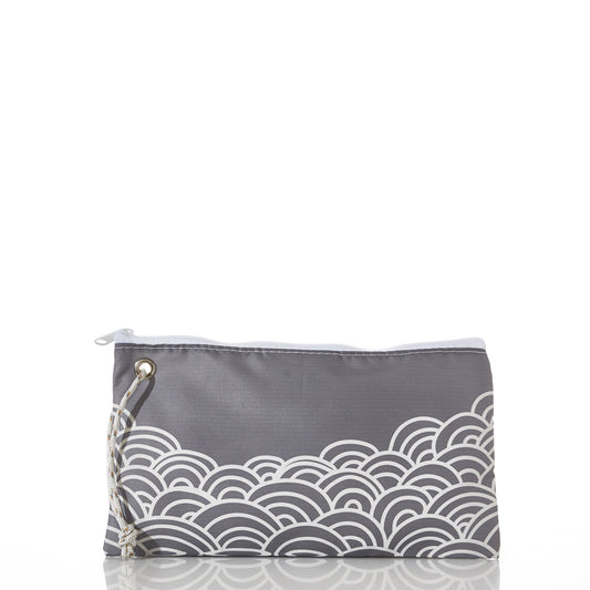 Sea Bags Gold Mermaid Tail and Waves Large Wristlet, featuring a zippered closure, gold mermaid tail and wave design on recycled sail cloth, and a rope wrist strap, displayed against a white background. by Sea Bags