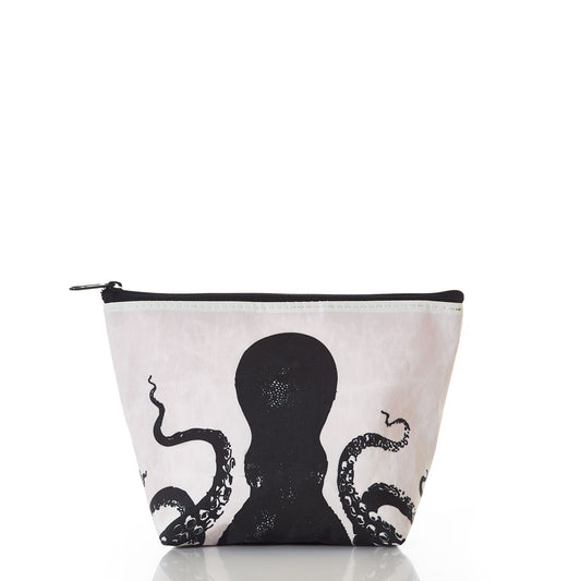 The Sea Bags Octopus Cosmetic Bag is crafted from durable recycled sail cloth and features a bold black octopus design with tentacles extending upward on the front, all finished with a white zippered closure. by Sea Bags