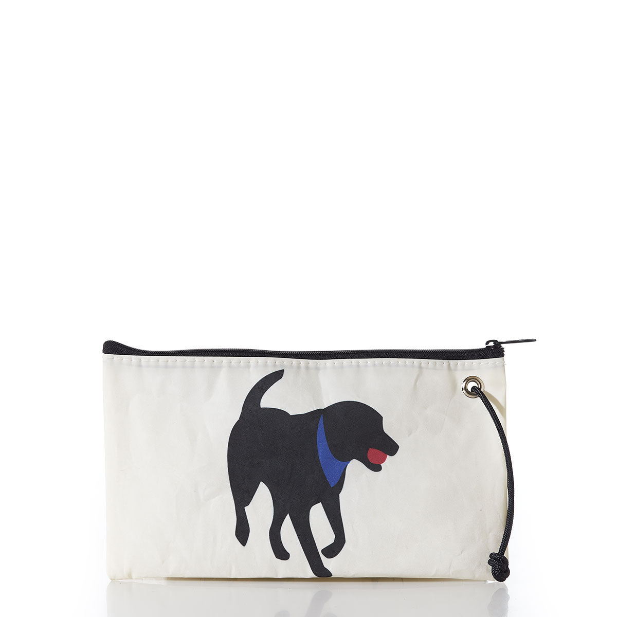 The Sea Bags Black Lab Large Wristlet is crafted from recycled sailcloth and features a zippered closure. The front displays a profile illustration of a black Labrador retriever wearing a blue collar. by Sea Bags